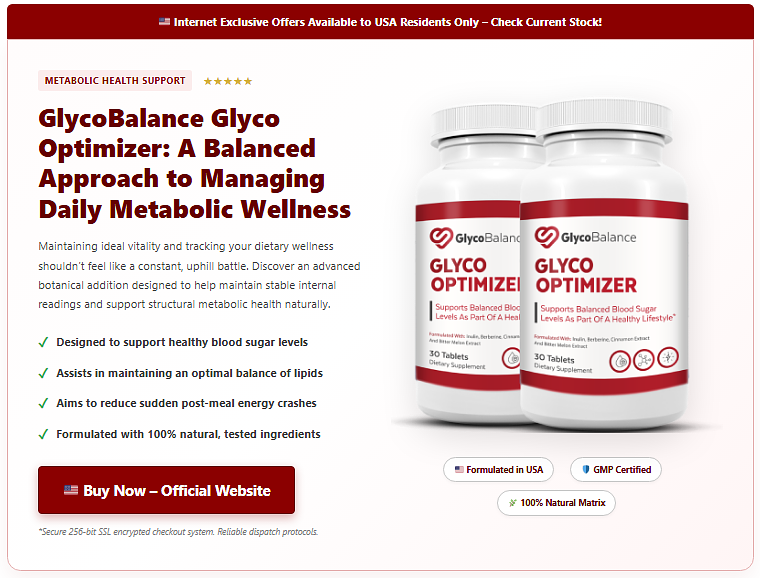 GlycoBalance Glyco Optimizer supplement bottle with key benefits and Buy Now call to action